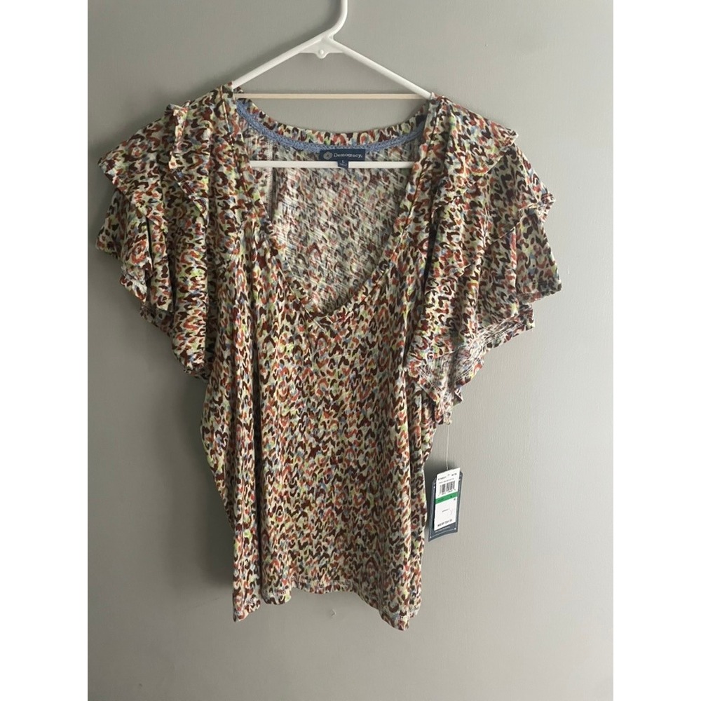 Democracy Women Ruffle Flutter Sleeve V-Neck Abstract Print Top B7140US1E L - Picture 2 of 9